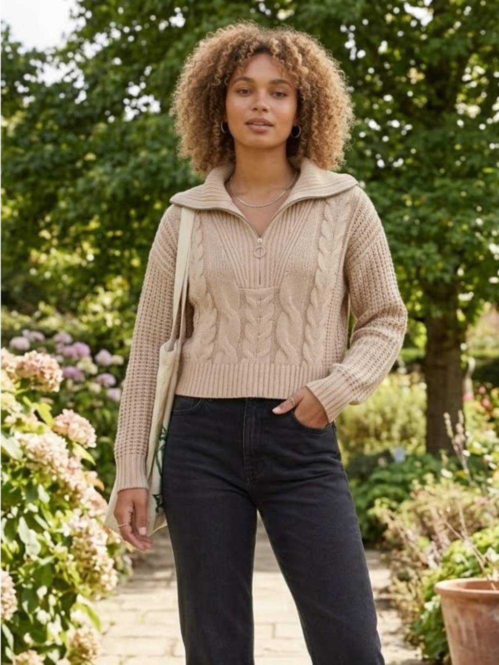 Pink Rose Cable Knit Cropped Quarter Zip Sweater Size M